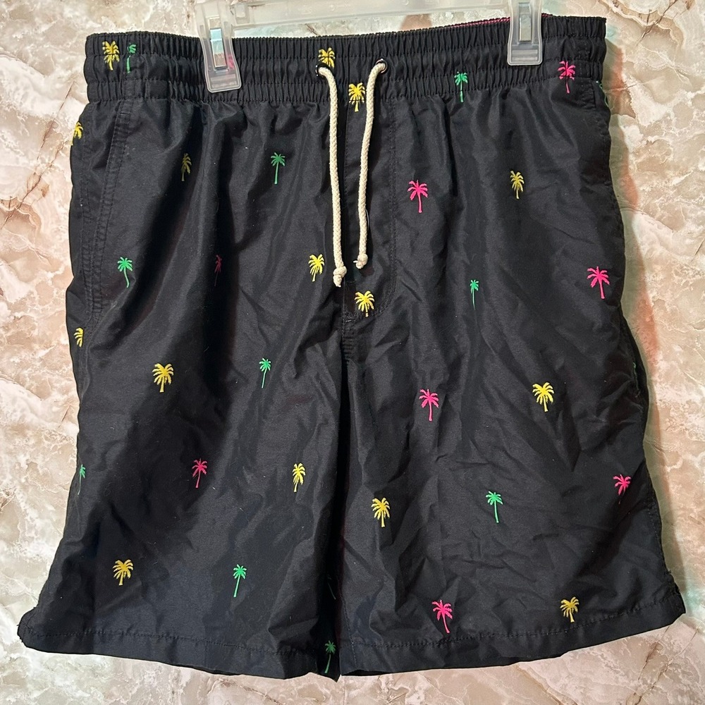 Old Navy Men's Black Palm Tree Swim Trunks Shorts Size Medium Elastic Drawstring - Picture 1 of 8